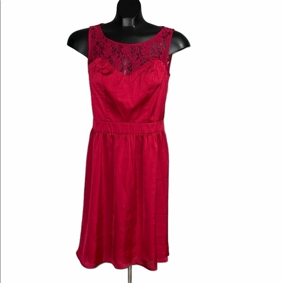 Nwt  Red Lace Yoke Lauren Conrad Lined Dress, Size 4 - Picture 1 of 5